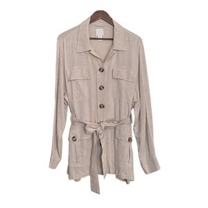HM Womens XL Beige Linen Blend Safari Utility Jacket Belted Button Up Shacket